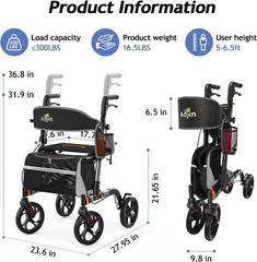 Foldable Rollator Walker w/ 8″ All Terrain Rubber Wheels w/ seat and backrest