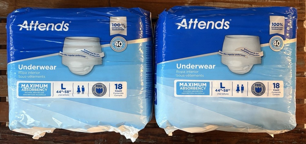 Lot of 2 Attends Disposable MAXIMUM ABSORBENCY Underwear Size Large 18 Count