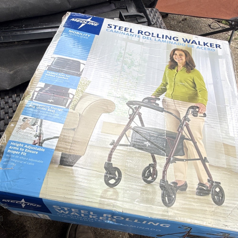 Medline 4-Wheel Steel Rollator Walker Foldable w/ Seat & Bag, Red, 350 lb
