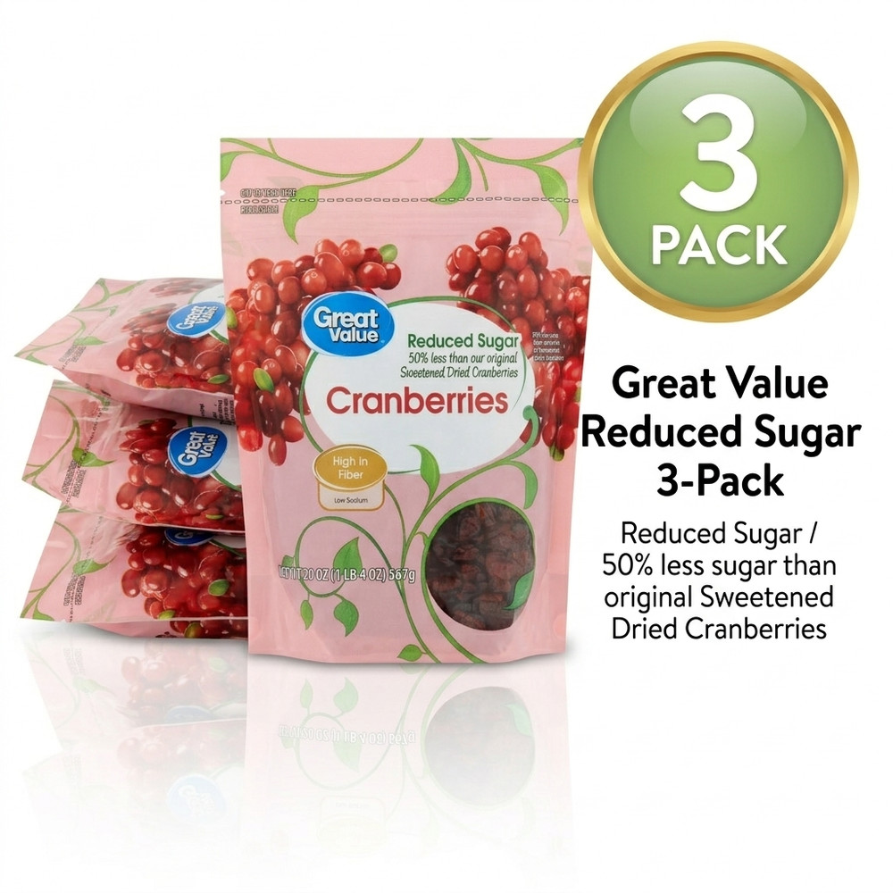 (3-Pack) Great Value Reduced Sugar Dried Cranberries, 20 oz Fruit Snacks