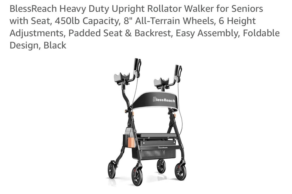 BlessReach Heavy Duty Upright Rollator Walker Seniors Padded Seat 450lb 8″ Wheel