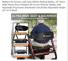 Heavy Duty Rollator Walker With Seat 450 Lb Capacity 12″ All Terrain Wheels RED