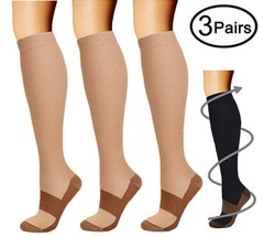 (3 Pairs) Copper Infused Compression Socks 15-20mmHg Graduated UNISEX S-XXL