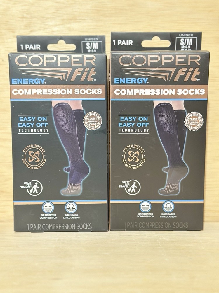 Lot 2-Copper Fit Energy Compression Socks Black Unisex~ Women 7-10 Men 6-9 New