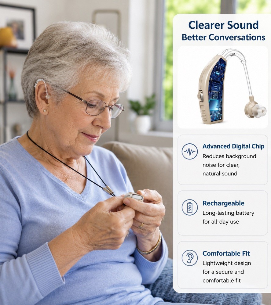 Digital Rechargeable BTE Hearing Aids Volume Control Beige w/ Charging Case