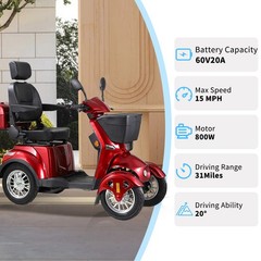800W All Terrain Electric Mobility Scooters for Seniors 500lbs 60V/20A 31 miles