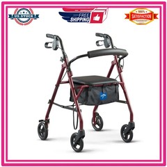 Medline Steel Rollator Walker with Seat, Foldable, Burgundy