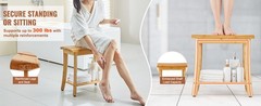 Bamboo Shower Bench, 19in Waterproof Shower Stool Chair with Storage Shelf