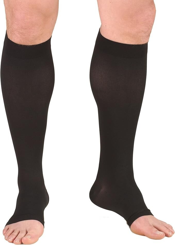 Truform 15-20 mmHg Compression Stockings Knee High Length, Open Toe, Black, Lar