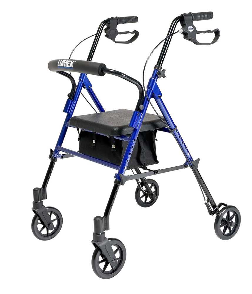Lumex Height-Adjustable Rollator with Seat for Seniors – Blue Rolling Walker