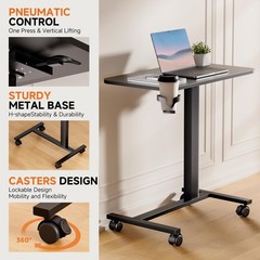 COMHOMA Adjustable Overbed Bedside Table with Lockable Wheels, Pneumatic Mobi…