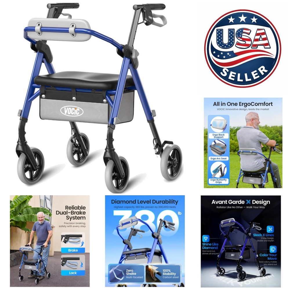 Foldable Rollator Walker for Seniors – 380 lbs Capacity, Ergo Backrest & Seat