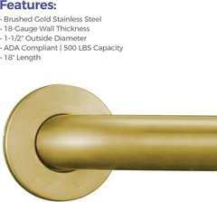 Durable 18-Inch Stainless Steel Grab Bar – Concealed Mounting in Gold Finish