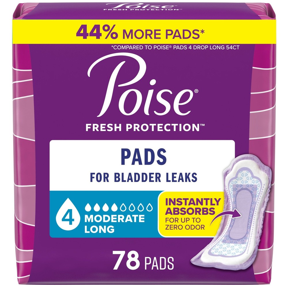 Poise Incontinence Pads, 4 Drop Moderate Absorbency, Long Length, 78 Count