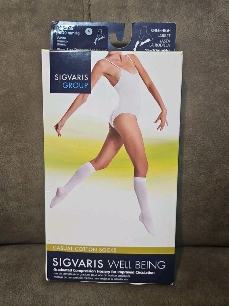 New Womens Sigvaris 146C Casual Cotton Socks Closed Toe Knee High White Size A