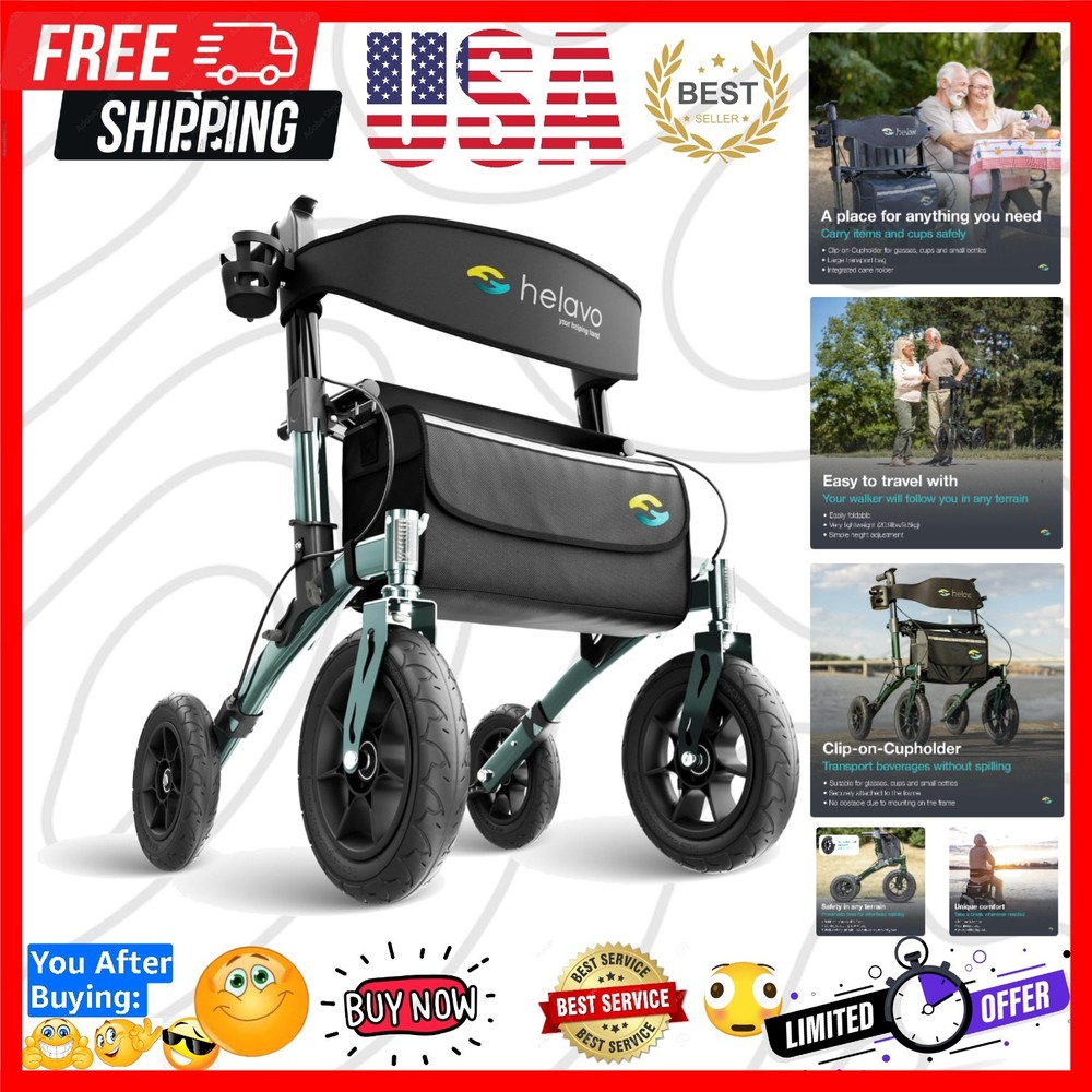 All Terrain Walker Rollator with 12” Pneumatic Tires – Foldable Outdoor Walke…