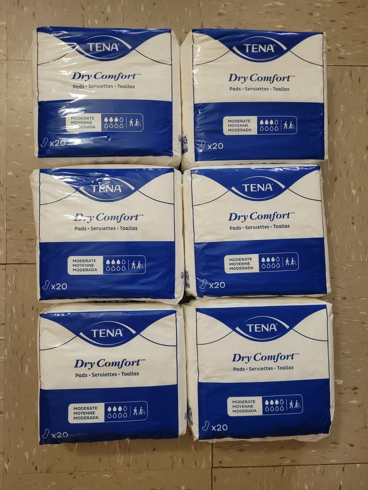 6 Packs Tena Dry Comfort Pads 20 Count Each Bag
