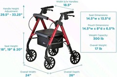 NOVA New Star 8 Rollator Walker Red 8 Inch Wheels Folding Seat 300 lb Cap