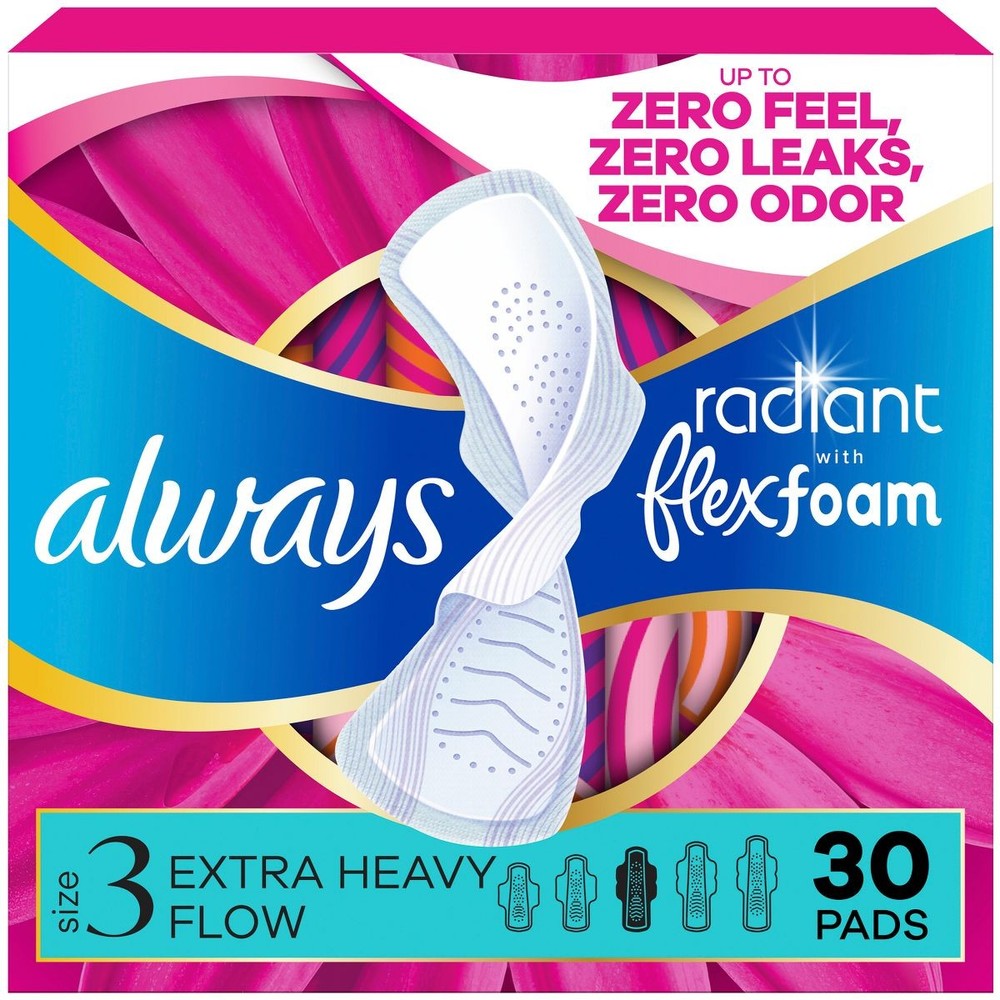Always Radiant Extra Heavy Flow Absorbency with Flex Foam Pads – Scented – Size3
