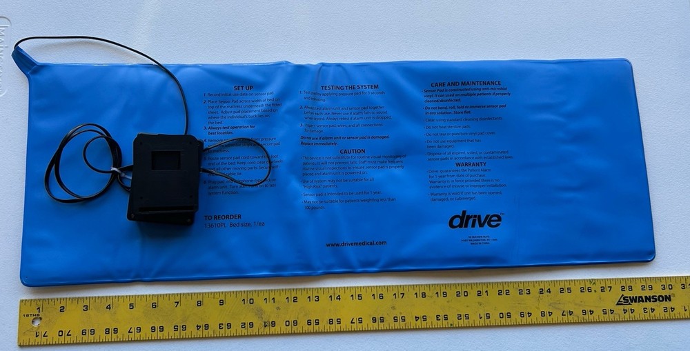 Drive Pressure Sensitive Bed Patient Alarm With Reset Button 11” X 30” Bed Pad