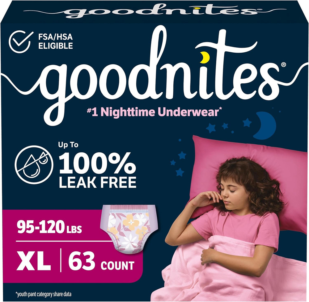 Goodnites Girls‘ Nighttime Bedwetting Underwear, Size Extra Large (95-120 Lbs),