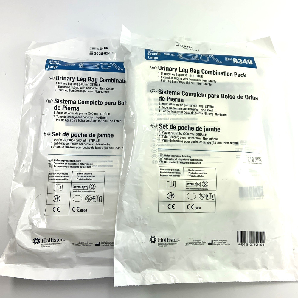 2 Pack Hollister 9349 Sterile Urinary Leg Bag 900 mL Vinyl w/ Leg Straps Ex 2028