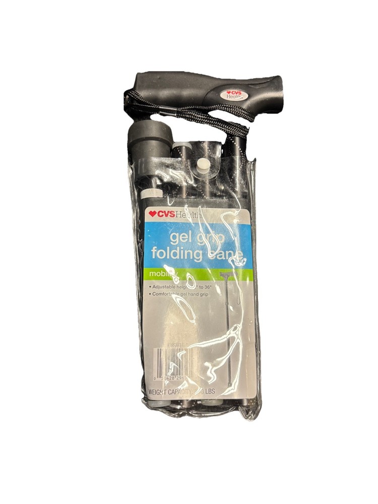 Health Gel Grip Folding Cane, Max Weight Cap Black And Silver New In Package