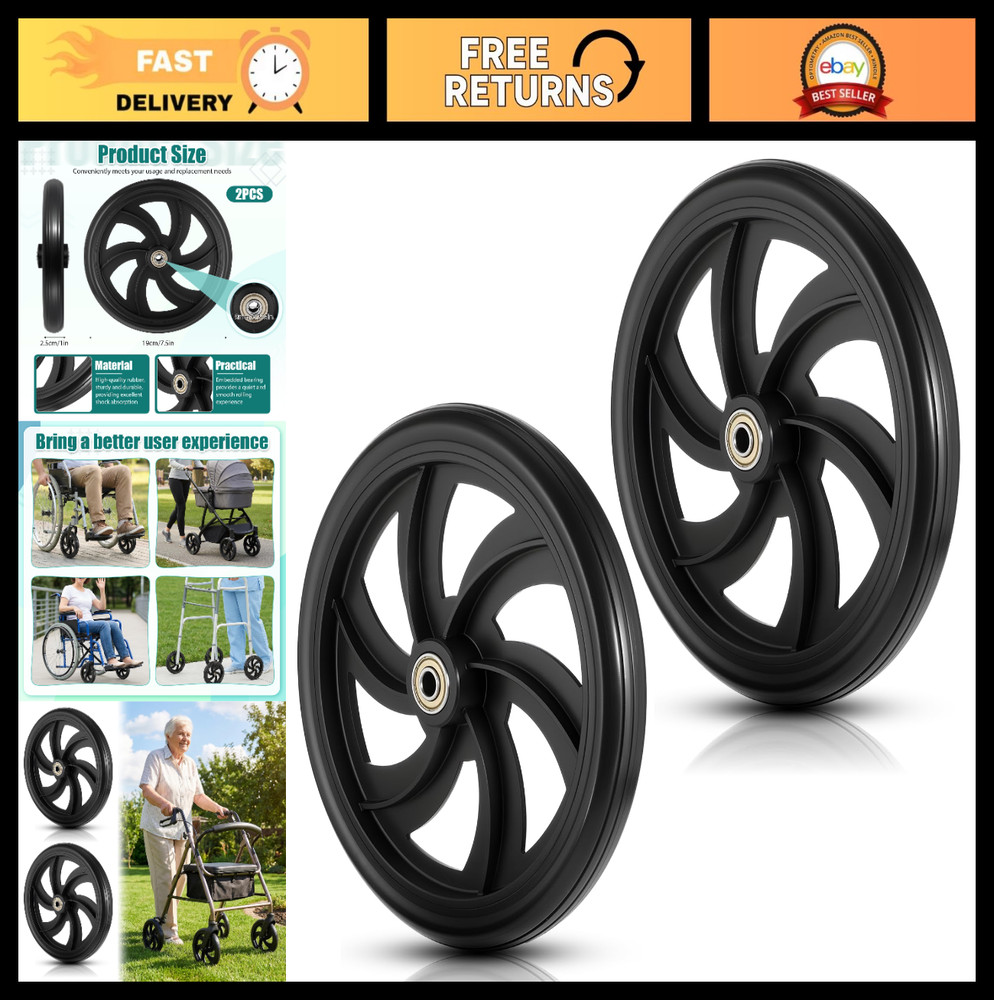 2 Pcs 7.5-Inch Replacement Wheels for Wheelchairs & Walkers, Anti-Slip Rubber Pa