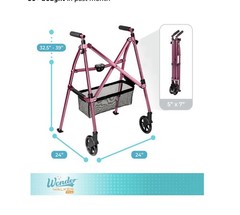 Stander Wonder Walker Plus Folding Mobility Walker w/Wheels Basket Regal Rose