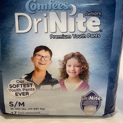 Comfees DriNite Juniors Premium Youth Pants Size S/M 38-65+ Lbs, 17 Ct-Lot Of 4