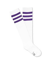Unisex White Knee High Team Tube Socks with One Size White With Purple Stripes