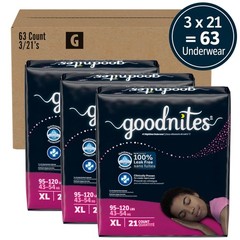 Goodnites Girls‘ Nighttime Underwear XL 95-120 lbs 63 Ct (3 Packs of 21)