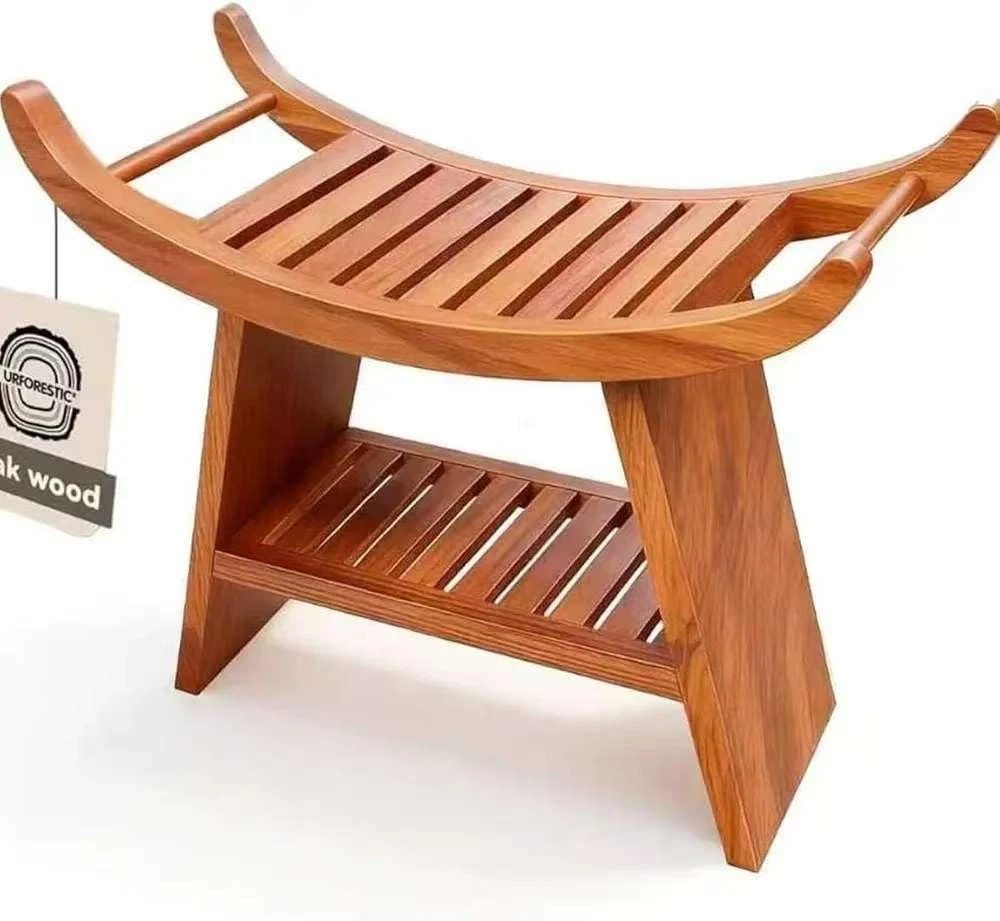 Share 23″ Teak Shower Bench with Curved Seat & Storage Shelf, Holds 500 LB