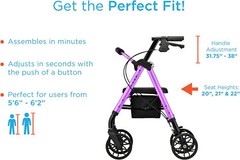 NOVA STAR 8 Rollator Walker w/Perfect Fit System Ltweight Folding-OPENBOX PURPLE