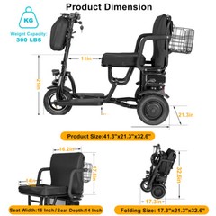 700W 3-Wheel Double Motor Folding Lightweight Electric Mobility Scooter w/Basket