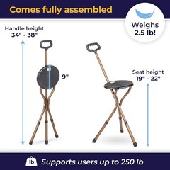 RTL10365-ADJ Adjustable Lightweight Folding Cane with Seat, Black