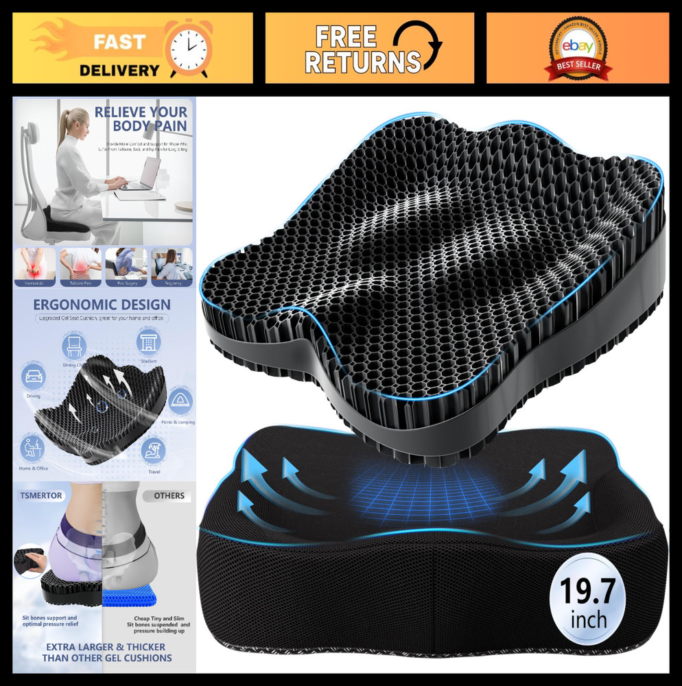 Cooling Gel Seat Cushion 19.7in – Thick Pressure Relief Pad for Office, Car, Whe