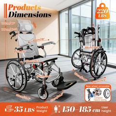Reclining Lightweight Wheelchair – 330LB Capacity , 90°–135° Adjustable Backrest