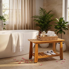 Teak Shower Bench, 30“ Heavy Duty Teak Wood Bathroom Seat, Water-Resistant Spa