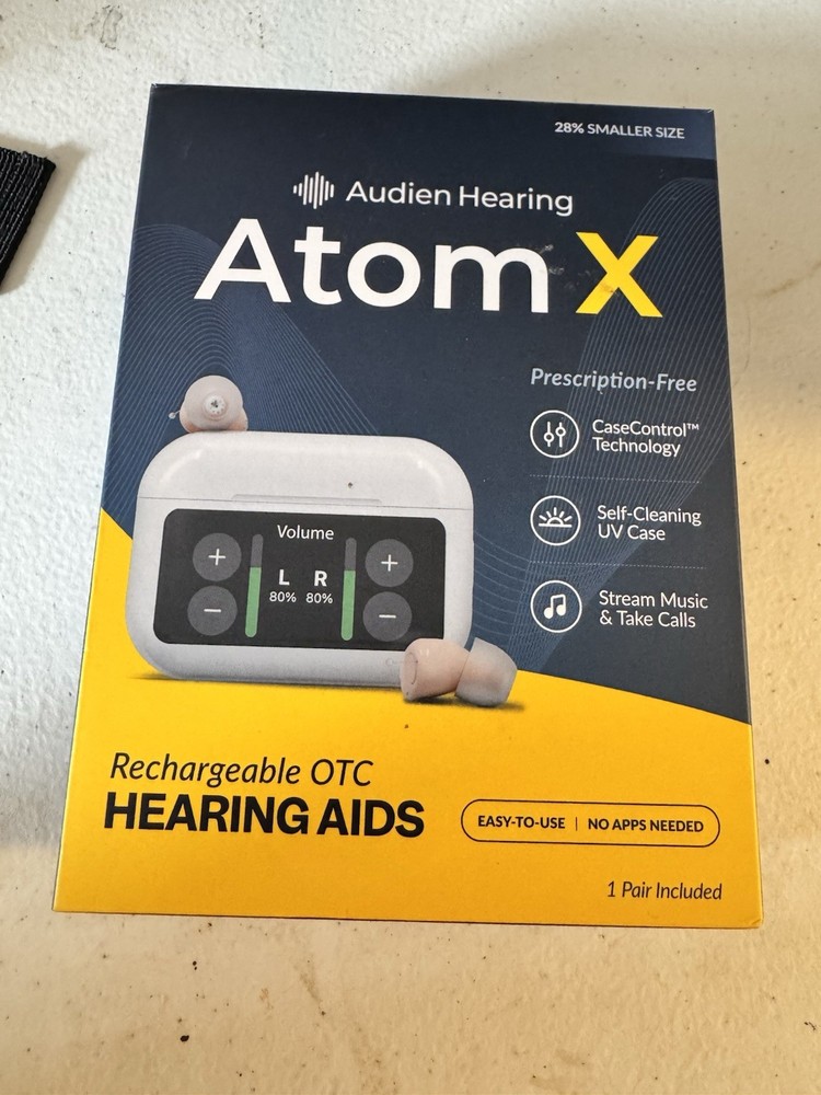 Audien Hearing Atom X Rechargeable Bluetooth ITE Hearing Aid w/ Touchscreen Case