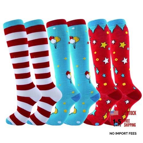 3 Pairs Funny Movie Sock Red and White Striped Crazy Knee High Small-Medium