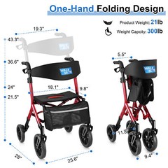 Heavy Duty Folding 300lb Rolling Wide Seat Rollator Walker With 4 Wheels Red USA