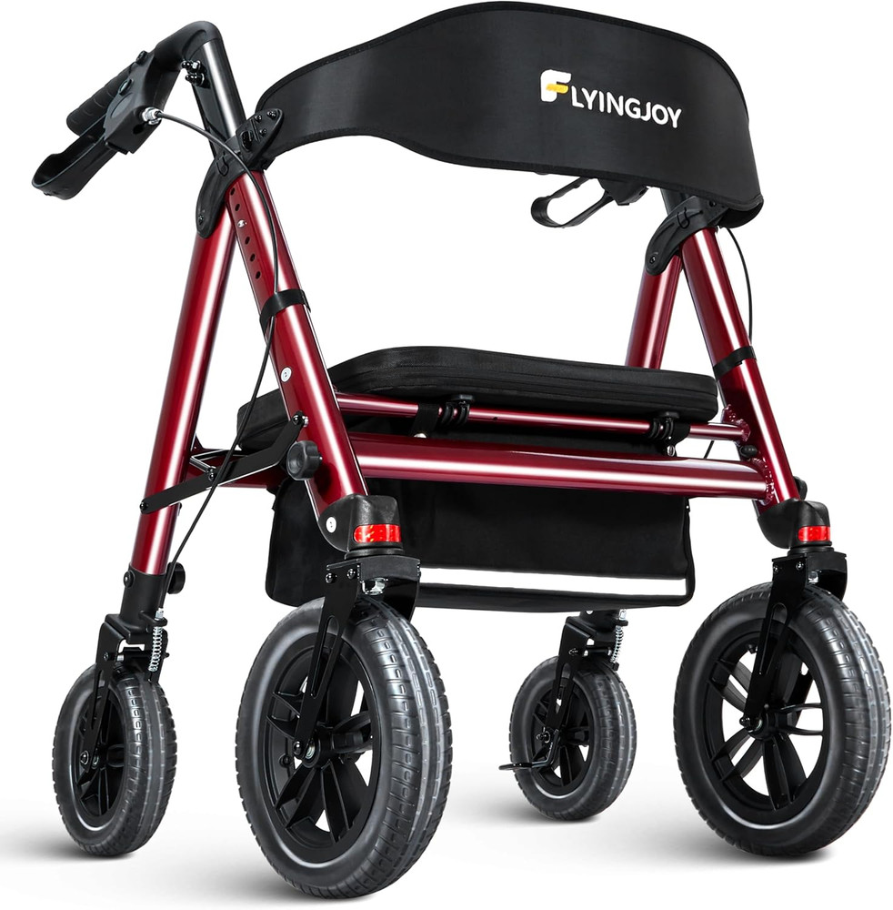 Heavy-Duty Rollator Walker with Seat, 12″ Front Wheels, Bariatric, Red