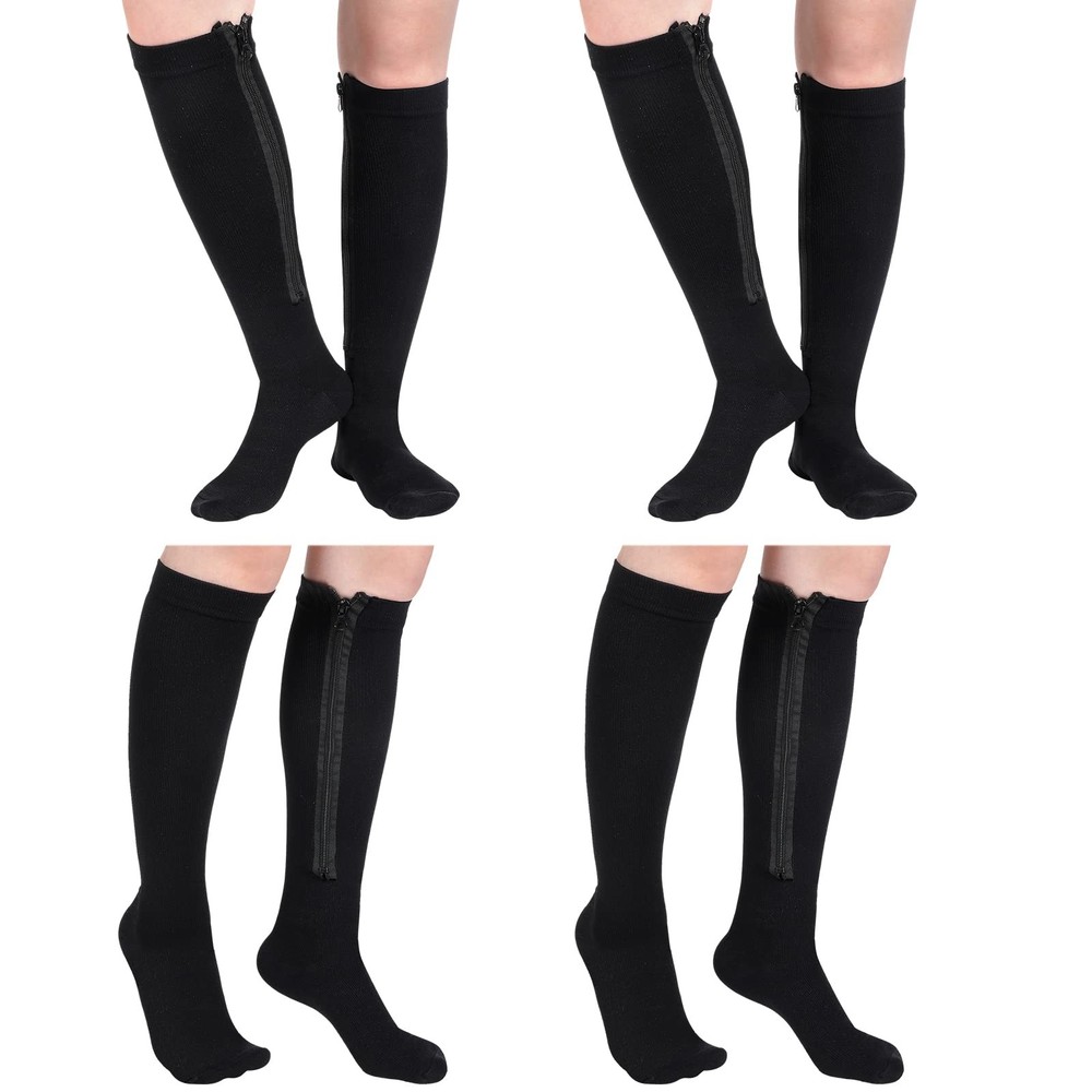 Tarpop 4 Pair Zipper Compression Socks Closed Toe 20-30 Mmhg Large, Black