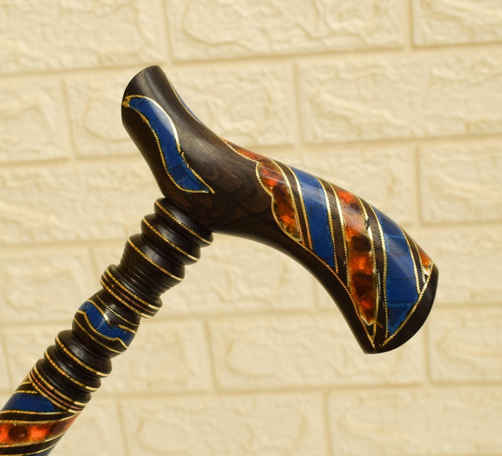 Handmade Ebony Wood Walking Cane – Lapis Amber Inlaid Brass Wire Travel Stick