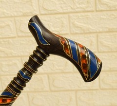 Handmade Ebony Wood Walking Cane – Lapis Amber Inlaid Brass Wire Travel Stick