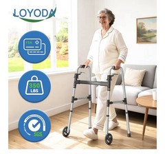 Lightweight Folding Walker w/ 5” Wheels & Skis Adjustable Height 350 lb Black