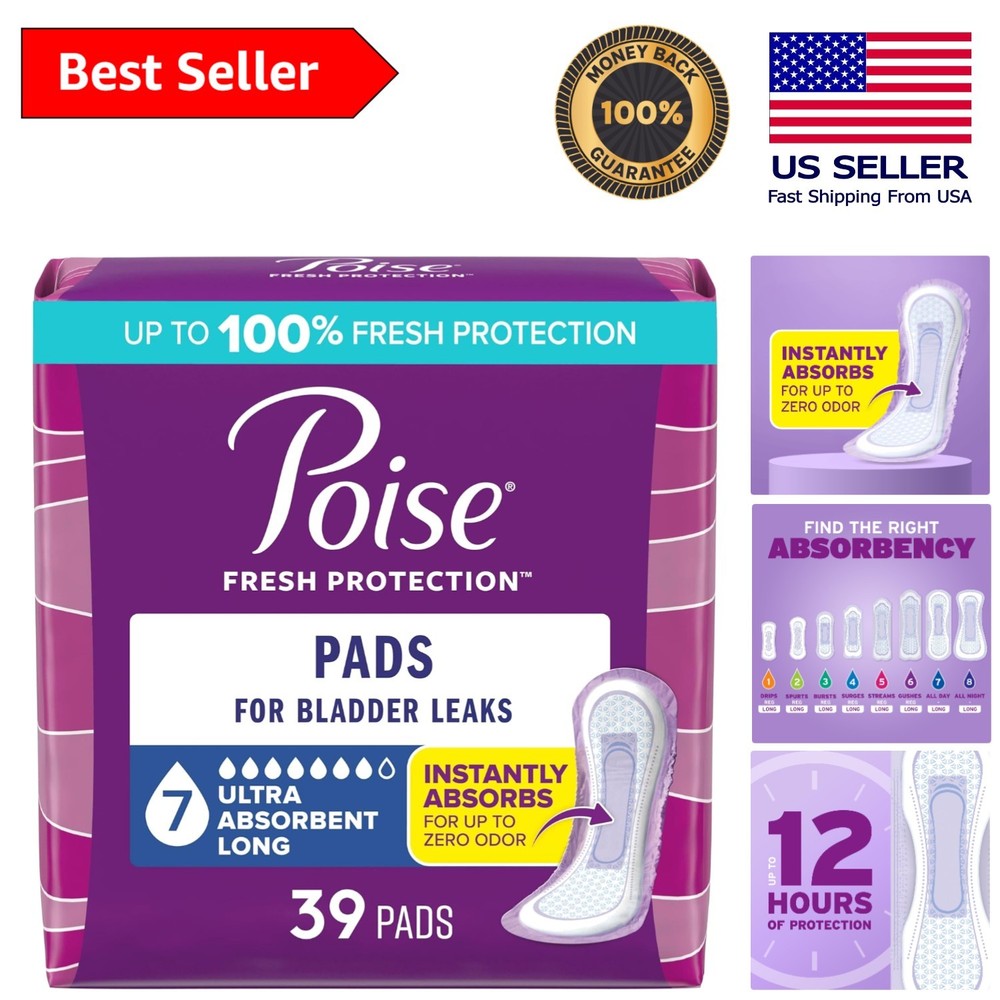 39 Count Incontinence & Postpartum Pads – 7 Drop Ultra Absorbency, Long Length