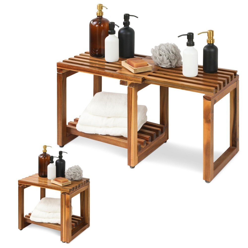 Adjustable Length 29 Inches Shower Stool Bench Small 29 IN, Acacia Wood Color