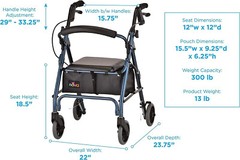 NOVA GetGo Petite Rollator Walker- Hgt 4’10“-5’4″; 18.5” Seat Hgt; Open Box BLUE